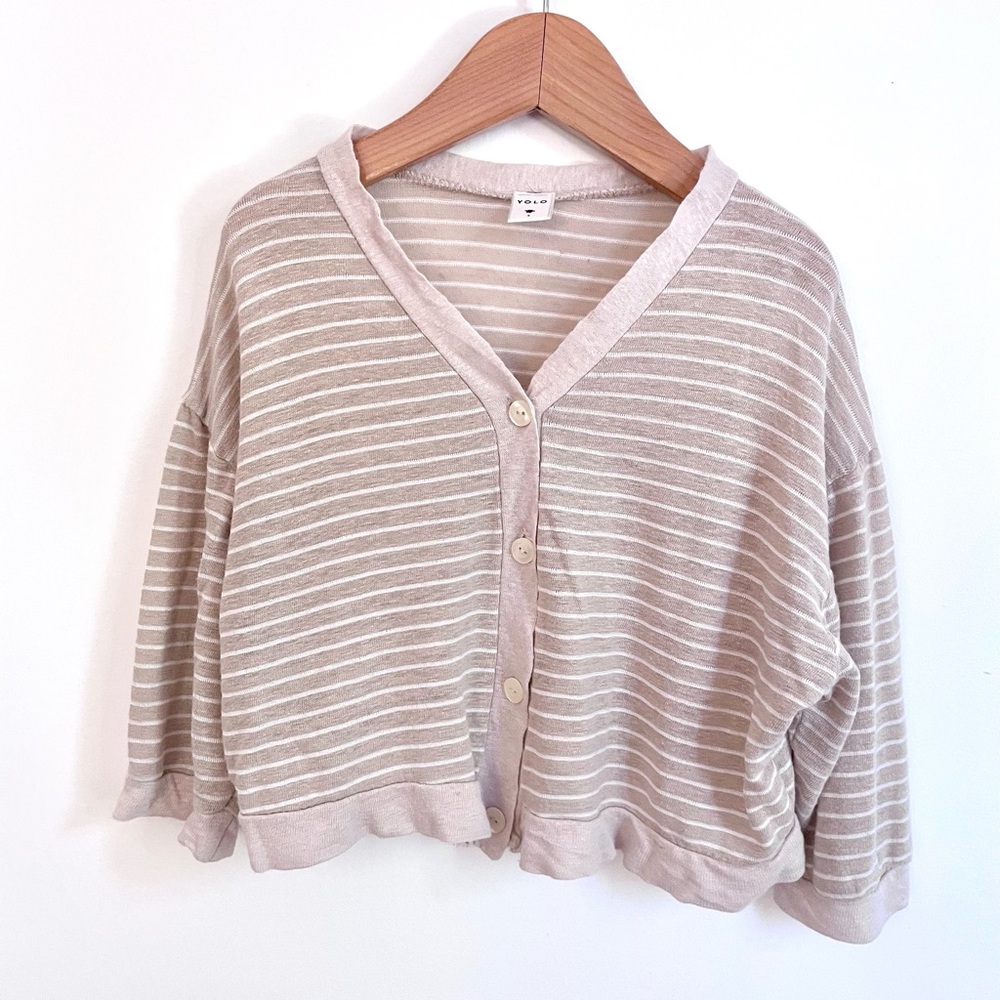 YOLO Fine Knit V-Neck Cardigan Sweater, Long Sleeve, Pale Rose-Tan & Ivory